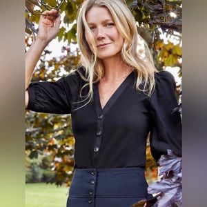 GWYN Phillip Puff Sleeve Henley Top in Black